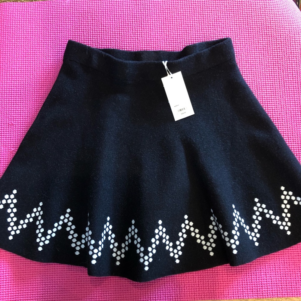 CANDIE’S flared skater style skirt, black with bottom hem white design (Small)
